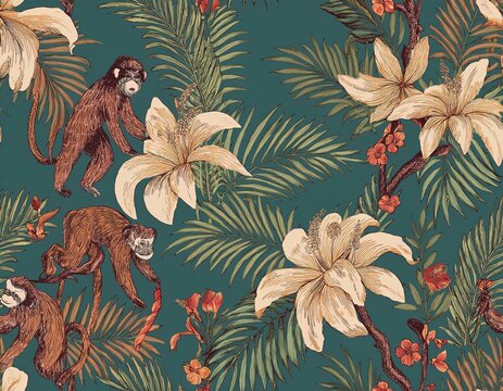 retro hand drawn tropical summer seamless pattern traditional indian tapestry style background illustration vintage exotic nature textile print jungle animal texture with monkey flower palm tree