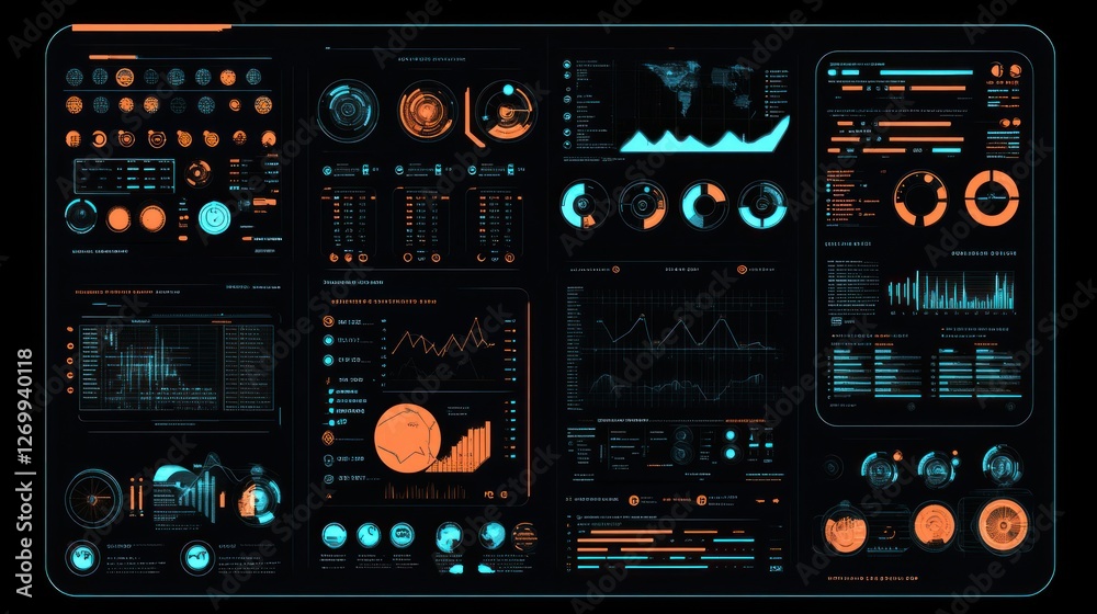 Poster futuristic digital dashboard displaying complex data visualizations and analytics