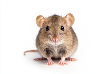 Adorable small brown mouse on white background with curious expression