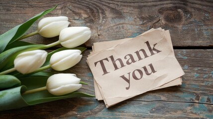 White tulips and a thank you note on wood