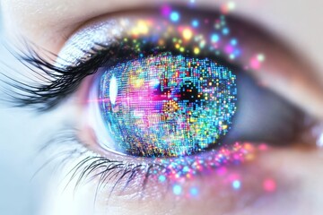 Close-up of an eye, with pixels of a virtual world ai reflected in the iris