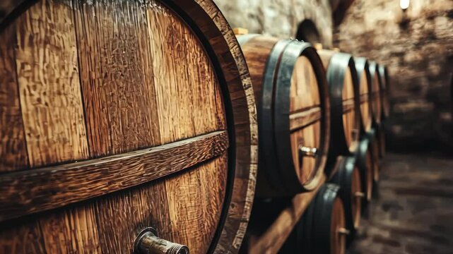Wine barrels aging in cellar with stone walls