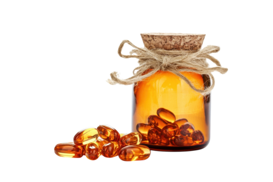Artisan glass jar filled with amber capsules displayed creatively against a bright backdrop isolated on transparent background