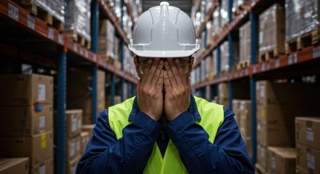 Warehouse Worker Overwhelmed by Stress and Exhaustion