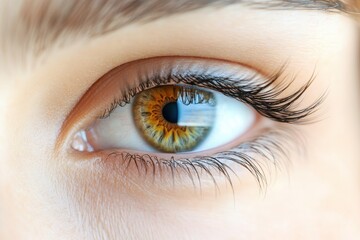 Obraz premium Extreme close-up of a human eye with golden-green iris and long eyelashes