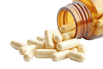 A close-up view of scattered dietary supplements beside an open amber bottle on a clean surface isolated on transparent background