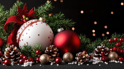 Festive Christmas ornaments, pine, berries, dark background; holiday greeting card