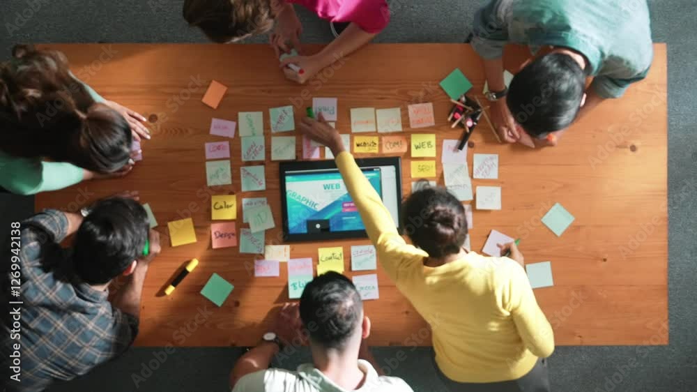 Poster time lapse of programmer brainstorming and planning about web design while looking at tablet wirefra