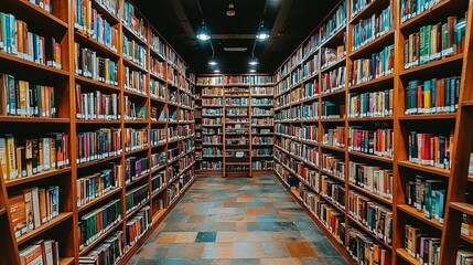 Obraz premium Library aisle, bookshelves, knowledge, research, education, quiet, study, learning, background, interior