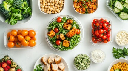 A variety of healthy foods is arranged beautifully on a flat table, showcasing fresh greens, colorful vegetables, and tasty protein options, perfect for nutritious meals at any time