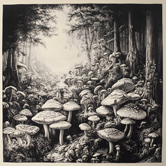 Surreal Black and White Mushroom Artwork: Mystical Forest Landscape with Intricate Fungi, Enchanted Ecosystem, Whimsical Shadows, and Ethereal Ambiance in Nature's Wilderness