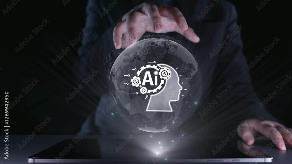 Poster human interact with ai artificial intelligence brain processor in concept of ai artificial intellige