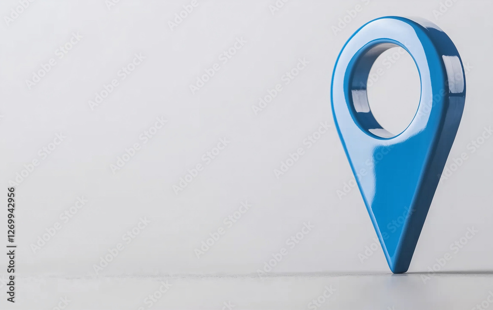 Poster blue map pointer location pin stands on a white surface. map marker indicates the location on the ma