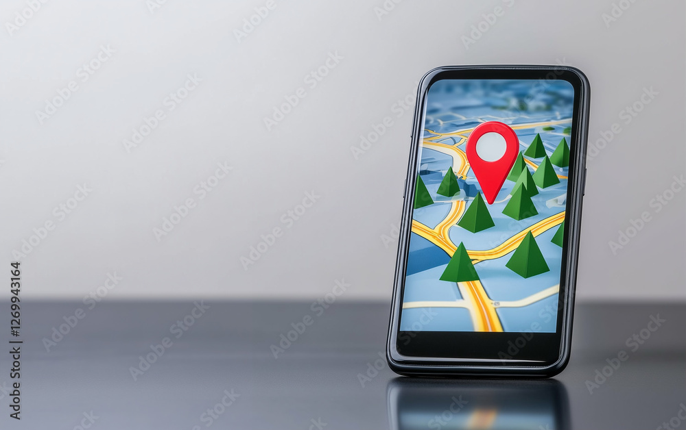Poster smartphone displays a map with a location pin and trees. the map on the smartphone shows a network o