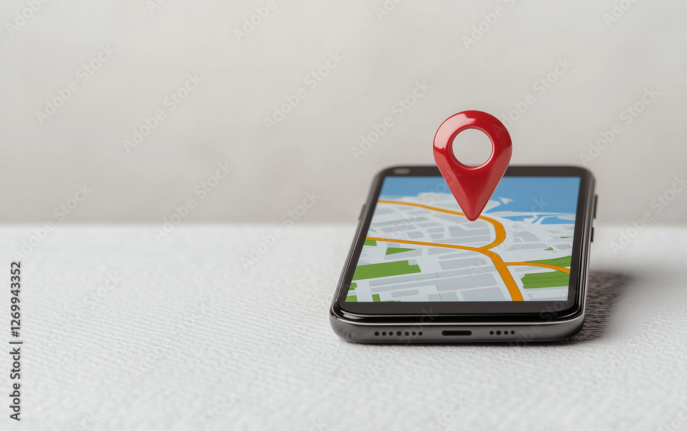 Poster Smartphone with map and location pin displays mobile navigation. Mobile navigation on smartphone with location pin. Map on smartphone screen