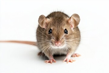 Adorable small brown mouse on white background with curious expression