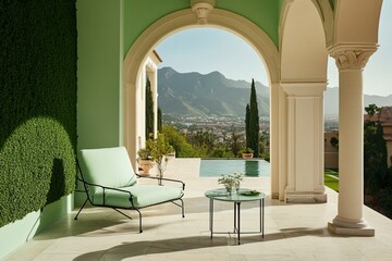 Fototapeta premium Open wide terrace in pastel mint tones, armchair and table near green wall, view of distant mountain landscape