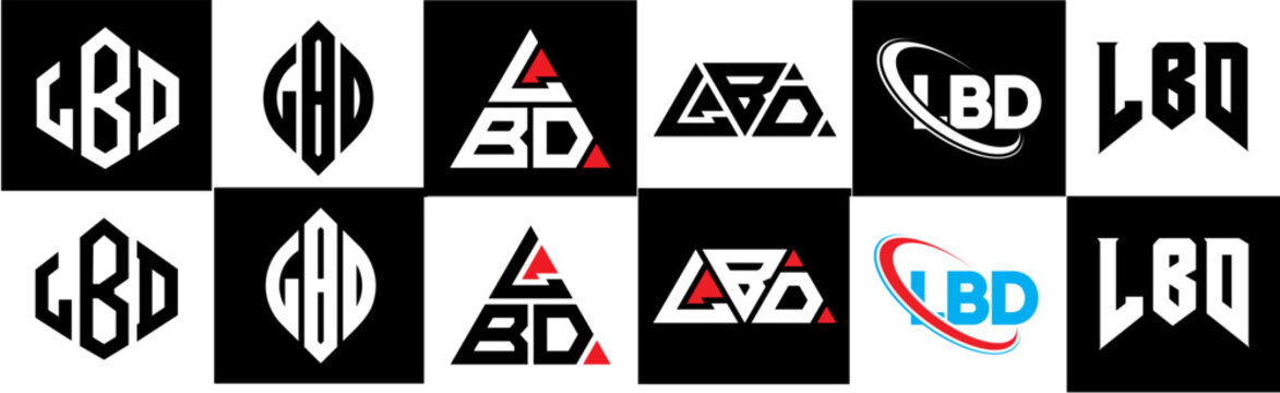 LBD letter logo design in six style. LBD polygon, circle, triangle, hexagon, flat and simple style with black and white color variation letter logo set in one artboard. LBD minimalist and classic logo