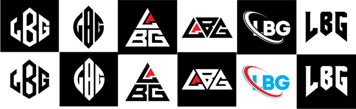 LBG letter logo design in six style. LBG polygon, circle, triangle, hexagon, flat and simple style with black and white color variation letter logo set in one artboard. LBG minimalist and classic logo