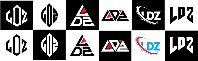 LDZ letter logo design in six style. LDZ polygon, circle, triangle, hexagon, flat and simple style with black and white color variation letter logo set in one artboard. LDZ minimalist and classic logo