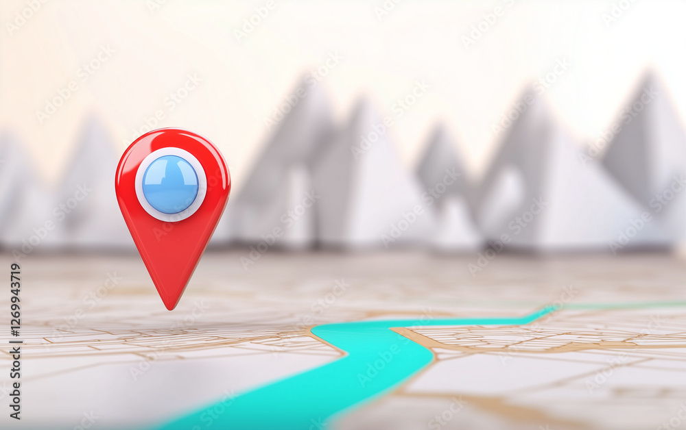 Poster Map pin on location map with navigation route. Location map pin and navigation destination on route map