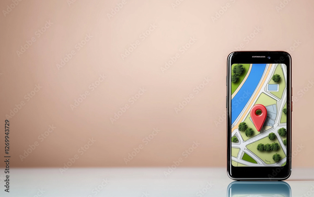 Poster Smartphone displaying a location map with a red pin marking a spot on the map. Mobile phone showing a map with a location pin. Location map on smartphone screen