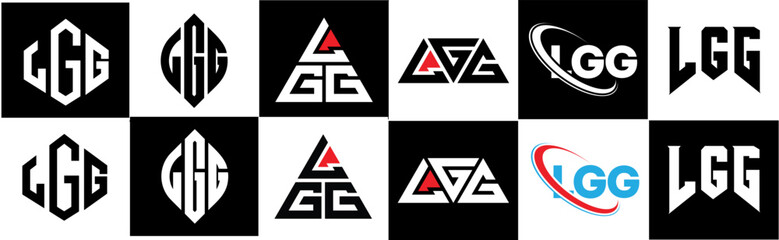 LGG letter logo design in six style. LGG polygon, circle, triangle, hexagon, flat and simple style with black and white color variation letter logo set in one artboard. LGG minimalist and classic logo