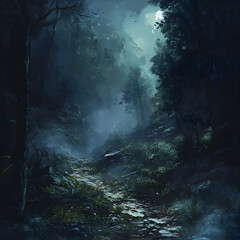 Explore the Tranquil Forest Pathway: Moonlight, Mist, and Shadows in a Mysterious Wilderness Landscape &ndash; A Scenic Adventure in Nature's Serene, Haunting Atmosphere