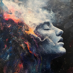 Ethereal Abstract Art Portrait of a Cosmic Woman: Dreamy Galaxy Colors, Surreal Expression, and Mystical Beauty Reflecting Serenity and Imagination in a Vivid Universe