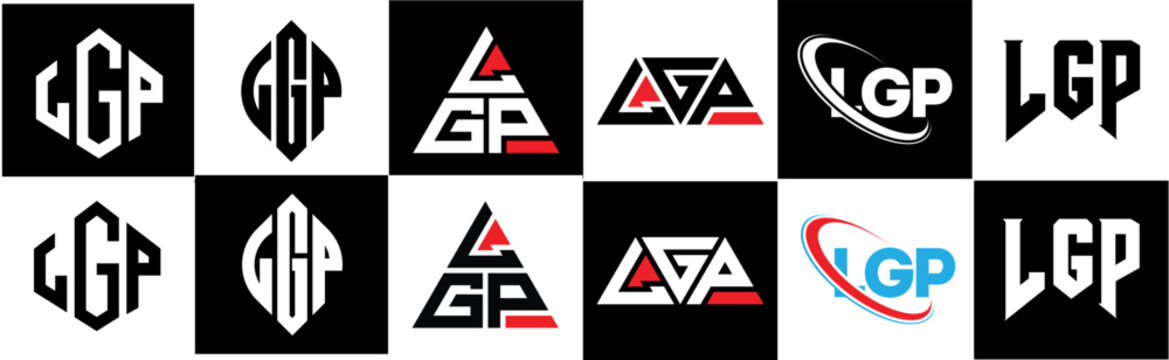 LGP letter logo design in six style. LGP polygon, circle, triangle, hexagon, flat and simple style with black and white color variation letter logo set in one artboard. LGP minimalist and classic logo