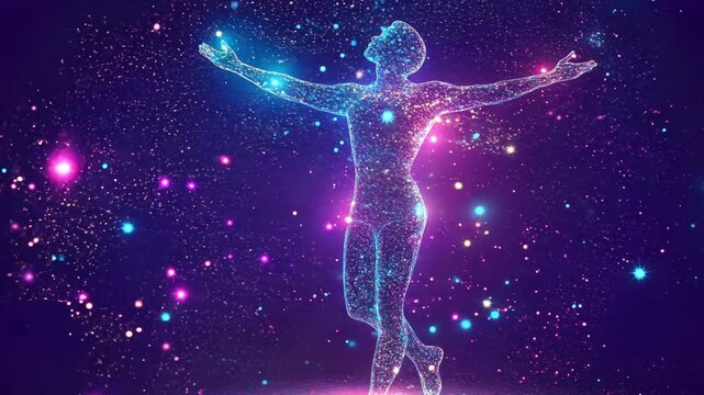 A glowing figure stands with arms outstretched, surrounded by swirling cosmic particles that inspire creativity and magic over blue backdrop