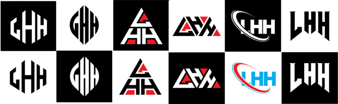 LHH letter logo design in six style. LHH polygon, circle, triangle, hexagon, flat and simple style with black and white color variation letter logo set in one artboard. LHH minimalist and classic logo