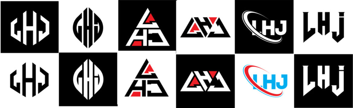 LHJ letter logo design in six style. LHJ polygon, circle, triangle, hexagon, flat and simple style with black and white color variation letter logo set in one artboard. LHJ minimalist and classic logo