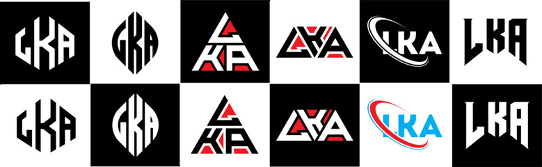 LKA letter logo design in six style. LKA polygon, circle, triangle, hexagon, flat and simple style with black and white color variation letter logo set in one artboard. LKA minimalist and classic logo