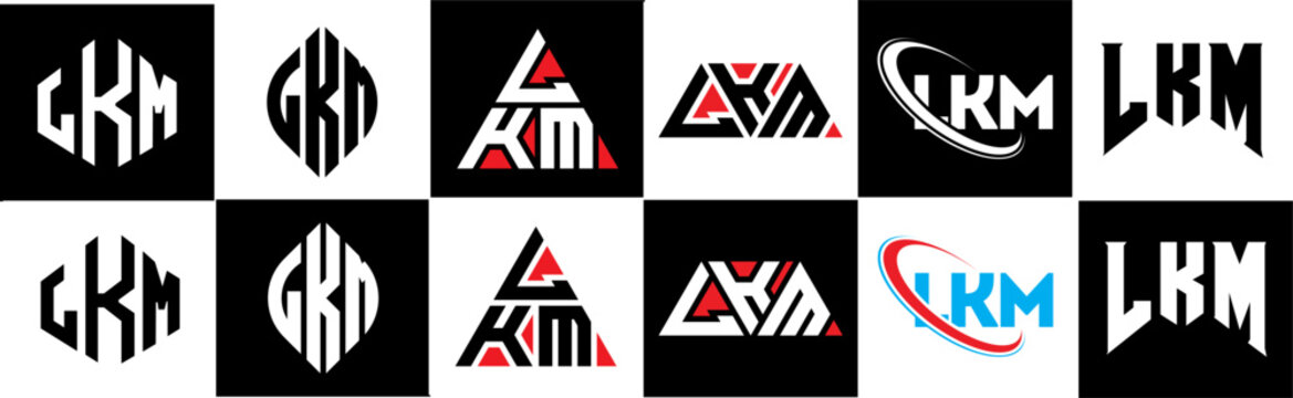 LKM letter logo design in six style. LKM polygon, circle, triangle, hexagon, flat and simple style with black and white color variation letter logo set in one artboard. LKM minimalist and classic logo