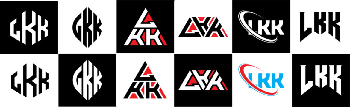 LKK letter logo design in six style. LKK polygon, circle, triangle, hexagon, flat and simple style with black and white color variation letter logo set in one artboard. LKK minimalist and classic logo