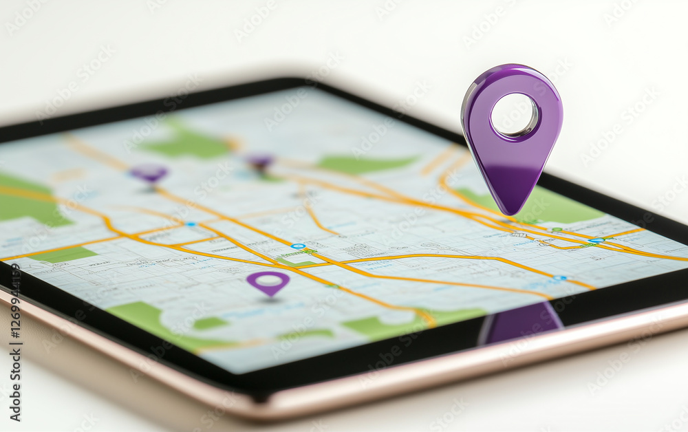 Poster Map on Tablet with Location Pin. Digital map on tablet displaying location with purple location pin. Tablet showing map with location pin
