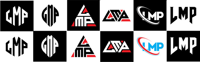 LMP letter logo design in six style. LMP polygon, circle, triangle, hexagon, flat and simple style with black and white color variation letter logo set in one artboard. LMP minimalist and classic logo