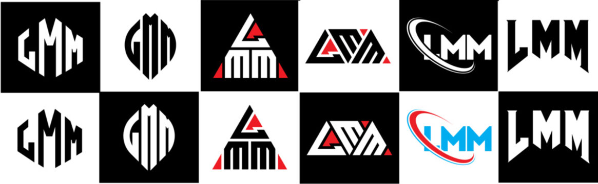 LMM letter logo design in six style. LMM polygon, circle, triangle, hexagon, flat and simple style with black and white color variation letter logo set in one artboard. LMM minimalist and classic logo