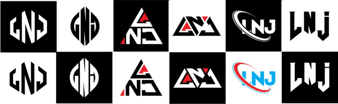 LNJ letter logo design in six style. LNJ polygon, circle, triangle, hexagon, flat and simple style with black and white color variation letter logo set in one artboard. LNJ minimalist and classic logo