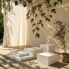 "Abstract Minimal Nature Scene with White Podiums: Perfect for Product Display, Branding, Natural Aesthetics, Modern Design, Showcase, Shadows, and Organic Concepts.