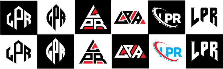 LPR letter logo design in six style. LPR polygon, circle, triangle, hexagon, flat and simple style with black and white color variation letter logo set in one artboard. LPR minimalist and classic logo