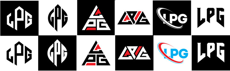 LPG letter logo design in six style. LPG polygon, circle, triangle, hexagon, flat and simple style with black and white color variation letter logo set in one artboard. LPG minimalist and classic logo