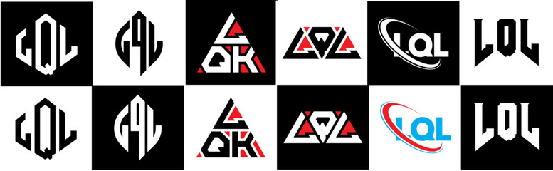 LQL letter logo design in six style. LQL polygon, circle, triangle, hexagon, flat and simple style with black and white color variation letter logo set in one artboard. LQL minimalist and classic logo