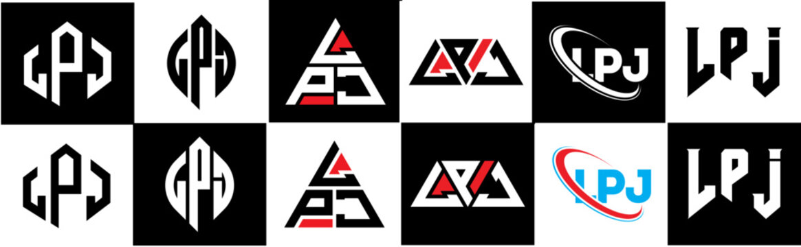 LPJ letter logo design in six style. LPJ polygon, circle, triangle, hexagon, flat and simple style with black and white color variation letter logo set in one artboard. LPJ minimalist and classic logo