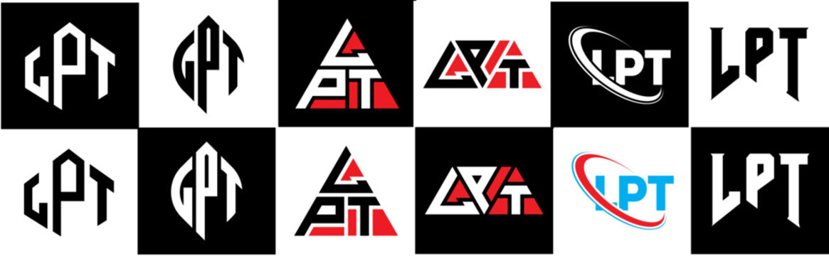 LPT letter logo design in six style. LPT polygon, circle, triangle, hexagon, flat and simple style with black and white color variation letter logo set in one artboard. LPT minimalist and classic logo