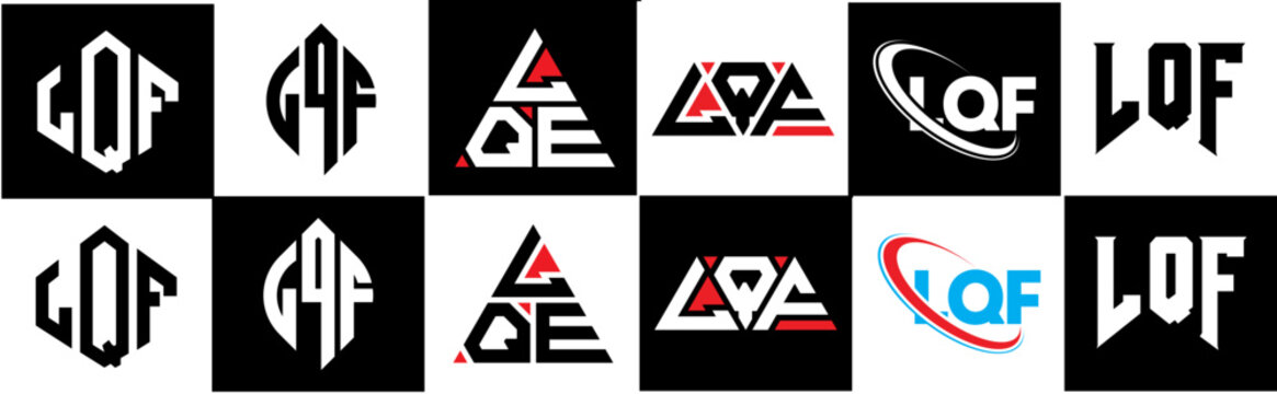LQF letter logo design in six style. LQF polygon, circle, triangle, hexagon, flat and simple style with black and white color variation letter logo set in one artboard. LQF minimalist and classic logo