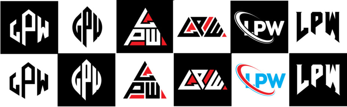 LPW letter logo design in six style. LPW polygon, circle, triangle, hexagon, flat and simple style with black and white color variation letter logo set in one artboard. LPW minimalist and classic logo