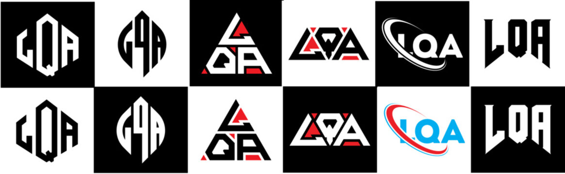 LQA letter logo design in six style. LQA polygon, circle, triangle, hexagon, flat and simple style with black and white color variation letter logo set in one artboard. LQA minimalist and classic logo