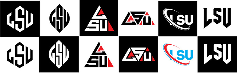 LSU letter logo design in six style. LSU polygon, circle, triangle, hexagon, flat and simple style with black and white color variation letter logo set in one artboard. LSU minimalist and classic logo